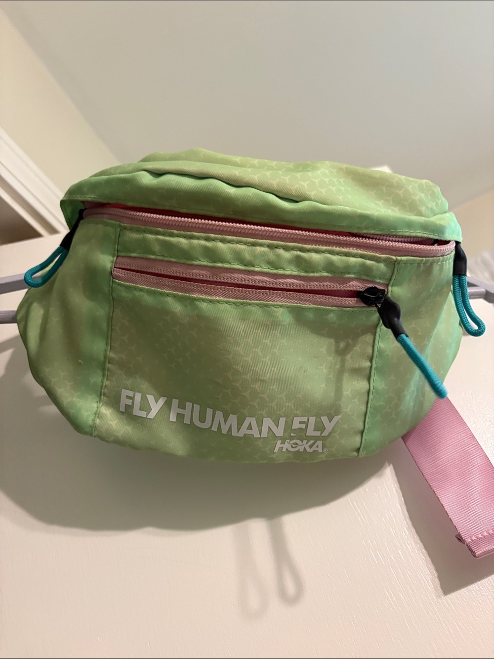 Hoka Green Crossbody Waist Bag with Pink Accents